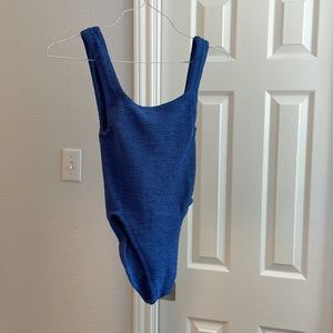 Hunza G women’s square neck one piece swimsuit in Denim/blue.